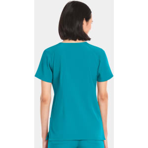 A women's v-neck top in teal, featuring short sleeves and a smooth fabric texture. The top has a logo.
