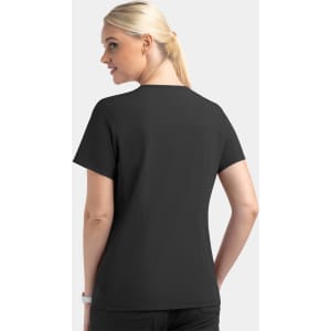 A mock wrap top in black with short sleeves, featuring contrast panels and a branding logo.
