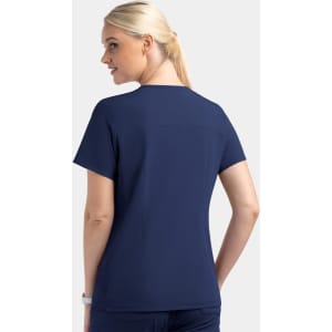 A navy mock wrap top for women, featuring contrast panels and a back view of the design. It includes a logo.