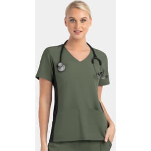 A women's mock wrap top in olive green with contrast black panels, featuring a patch pocket and a stethoscope.