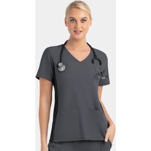 A mock wrap top in dark grey with contrast panels, featuring short sleeves and a V-neck design, with pockets.