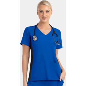 A blue women's mock wrap top featuring contrast black panels and a pocket, worn with a stethoscope.