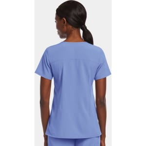 A mock wrap top in light blue, featuring short sleeves and a smooth back design, with a logo present.