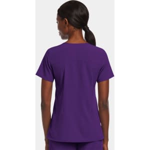 A women's mock wrap top in purple, featuring short sleeves and a simple design. Includes a logo or branding.