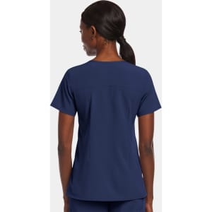A navy blue women's mock wrap top, featuring short sleeves and a simple design, with a logo on the back.
