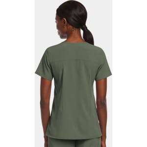 A women's mock wrap top in olive green, featuring short sleeves and a fitted back design, with a logo present.