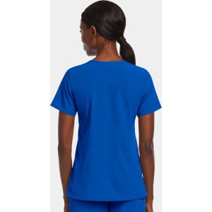 A women's mock wrap top in bright blue, featuring short sleeves and a relaxed fit. Includes a branding logo.