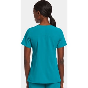 A women's mock wrap top in teal colour, featuring a simple design and a logo on the back.