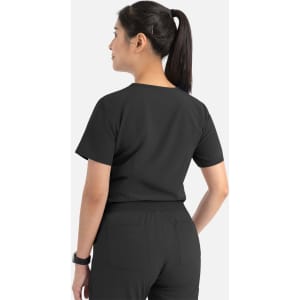 A women's tuckable V-neck top in black, featuring a simple design with short sleeves and a back view.