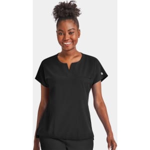 A black women's dolman top featuring a notched neck and a chest pocket, with a logo on the side.