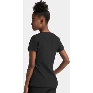 A black women's dolman top featuring a notched neck and short sleeves, displayed from a side angle with a model.