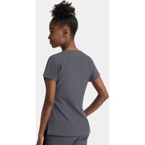 A grey women's dolman top with a notched neck, featuring short sleeves and a fitted style.