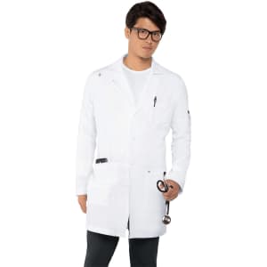 A white lab coat on a male model, featuring pockets and a stethoscope in hand. The model wears glasses.