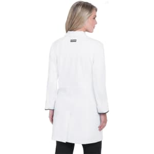 A white lab coat with a tailored fit, featuring long sleeves and a back view of the garment.