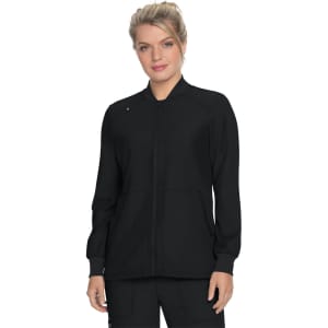A black jacket with a zip front and long sleeves, featuring a branding logo on the upper left.