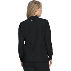 A black jacket featuring a high collar and long sleeves, showcasing a minimalist design with a logo on the back.