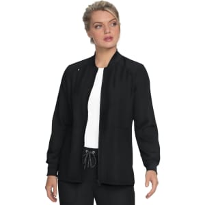 A black jacket with a zip front, long sleeves, and a stylish, relaxed fit. It features a logo on one side.