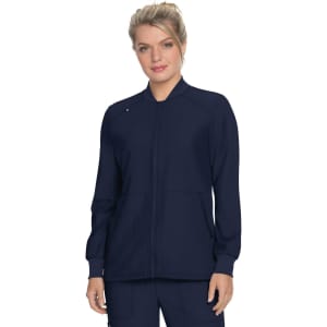 A navy blue jacket featuring a zip front, standing collar, and two front pockets. It has a logo on the upper left.