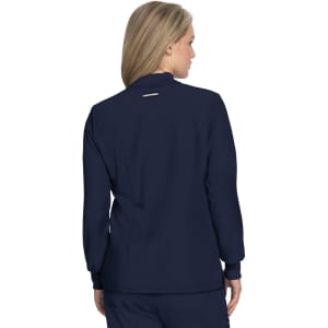 A navy jacket with a high collar and long sleeves, featuring a branding logo on the back.