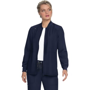 A navy blue jacket with a zip front, long sleeves, and side pockets, featuring a logo on the upper left.