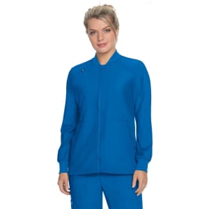 A woman models a vibrant blue jacket with a zip-up front, featuring two side pockets and a logo.