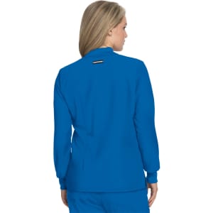A blue jacket with a collar and long sleeves, featuring a logo on the back.