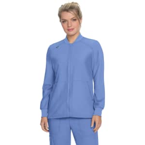 A blue women's jacket with a zip front and a logo, featuring long sleeves and side pockets.
