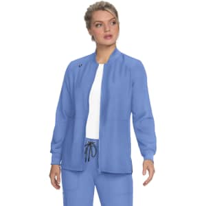 A light blue jacket with a zip front and ribbed cuffs, featuring a logo on the upper left side.