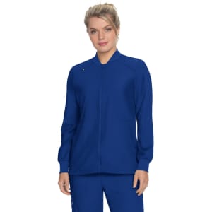 A blue jacket with a zip front and long sleeves, featuring a logo on the chest, designed for an active lifestyle.