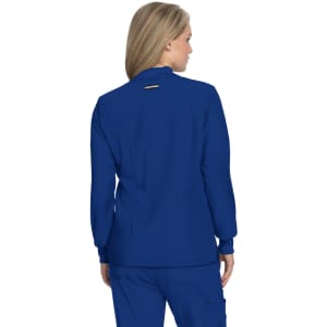 A blue jacket with long sleeves, featuring a back detail and a logo. Designed for active wear.