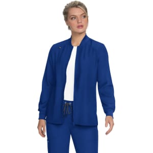 A blue jacket with a straight cut and long sleeves, worn by a model. The jacket features a logo.