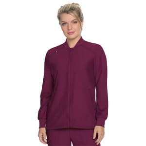 A maroon zip-up jacket with long sleeves, featuring a small logo on the chest and side pockets.
