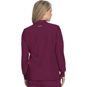 A jacket in maroon, featuring a simple design and a back view with a logo on the upper section.