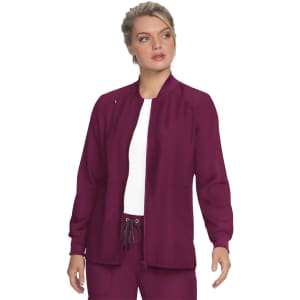 A maroon jacket with long sleeves and a front zip, featuring a logo on the chest.