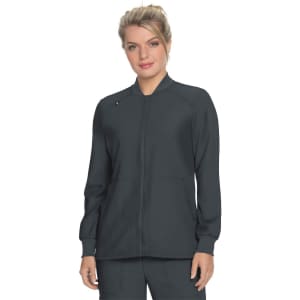 A dark grey jacket with a zip front, featuring a sleek design and pockets. It includes a small logo on the fabric.