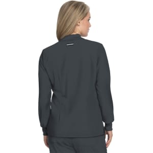 A grey women's jacket with a stand-up collar, featuring long sleeves and a logo on the back.