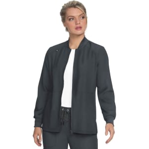A black jacket featuring a zip front, pockets, and a simple design, worn by a model against a plain background.