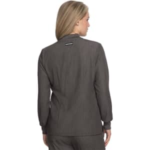 A grey jacket with a fitted design, featuring a subtle stripe pattern and a logo on the back.