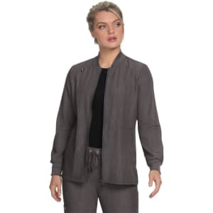 A grey jacket with a zippered front, featuring a stand-up collar and long sleeves, worn by a model.