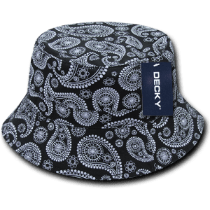 A black bucket hat featuring a white paisley pattern, with a tag attached for branding.