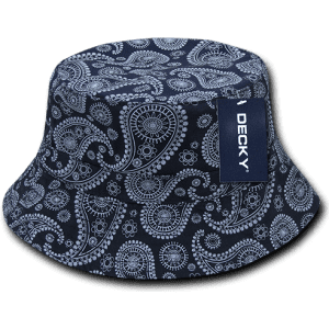A patterned bucket hat in navy blue featuring a white paisley design, with a logo tag on the side.