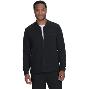 A black jacket with a zip front and a stand-up collar, featuring a logo on the chest.