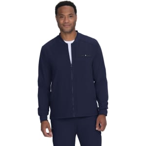 A navy jacket with a zip closure, featuring a logo on the front. The model is wearing it with a white top underneath.