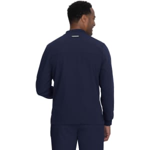 A navy jacket viewed from the back, featuring a logo on the upper back and long sleeves.