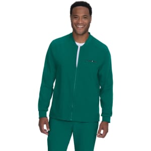 A green jacket with a zip, featuring a fitted design and a branding logo on the front.