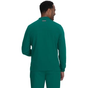A green jacket with a zip collar and a logo on the back, viewed from the rear.