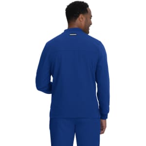 A blue jacket featuring a high collar and back detail, designed for comfort. It has a logo on the back.