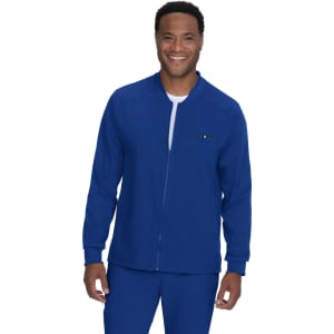 A blue jacket with a zippered front and a logo, worn by a smiling individual.