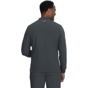 A grey jacket with a simple back design and a small logo on the upper section.