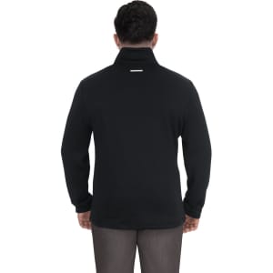 A black jacket with a high collar, displayed from the back, featuring a logo on the back.